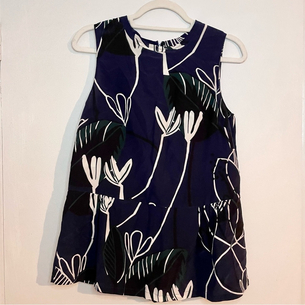 Marni Navy Blue, White & Black Floral Sleeveless Top